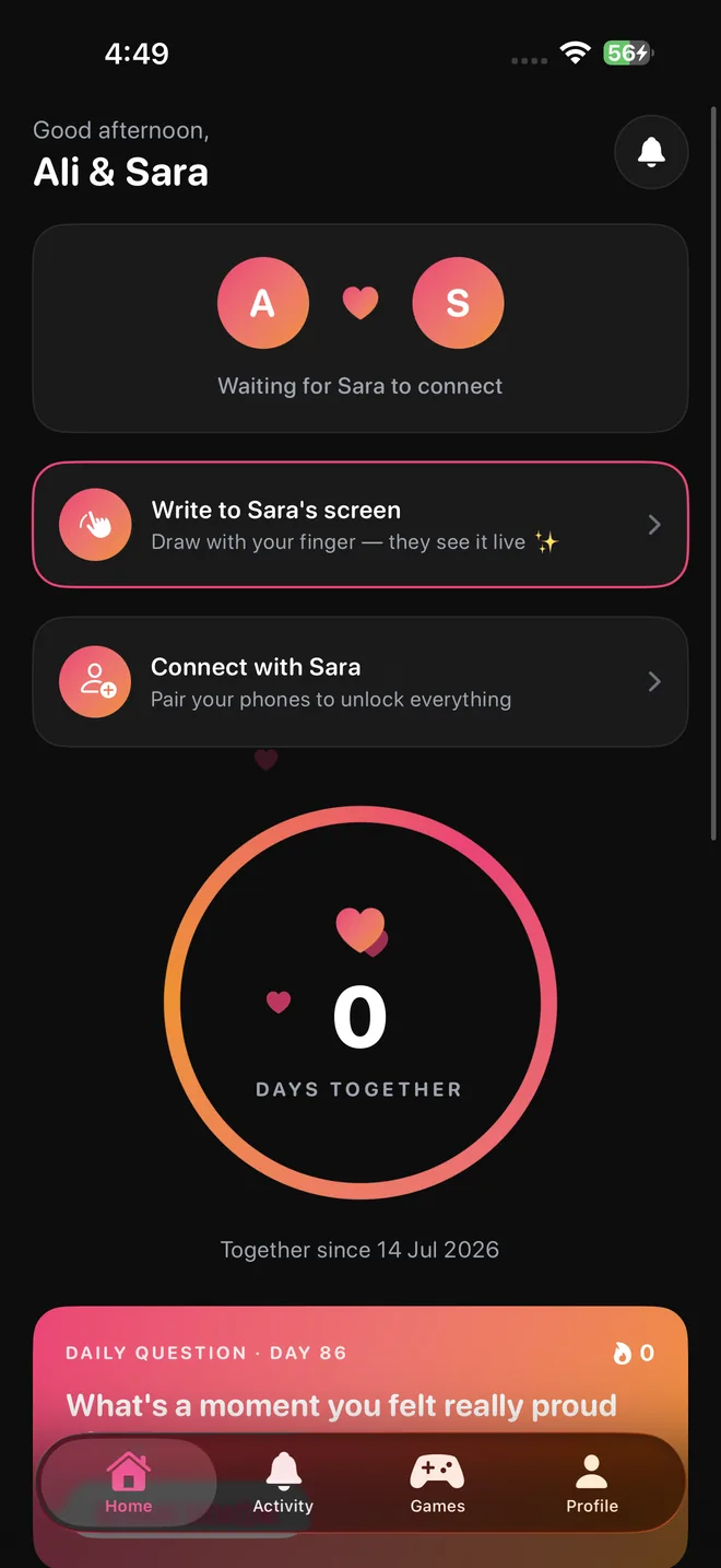 Love360 couple dashboard showing days together, daily questions, games and widgets