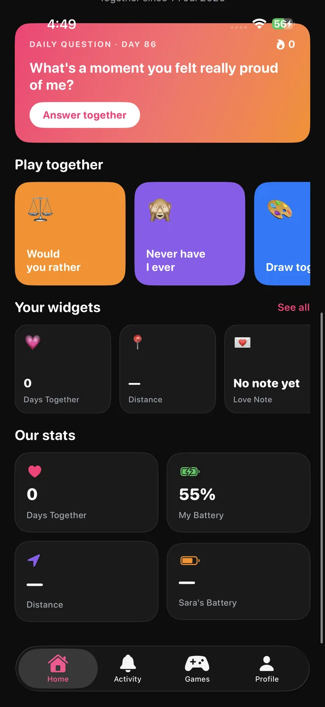 Love360 app screen showing couple widgets and drawing access